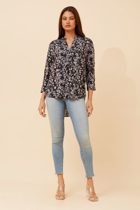 Image of Blouses. Product name - ROMINA FLORAL PRINT BLOUSE in Black colour by brand - Caroline Morgan Australia