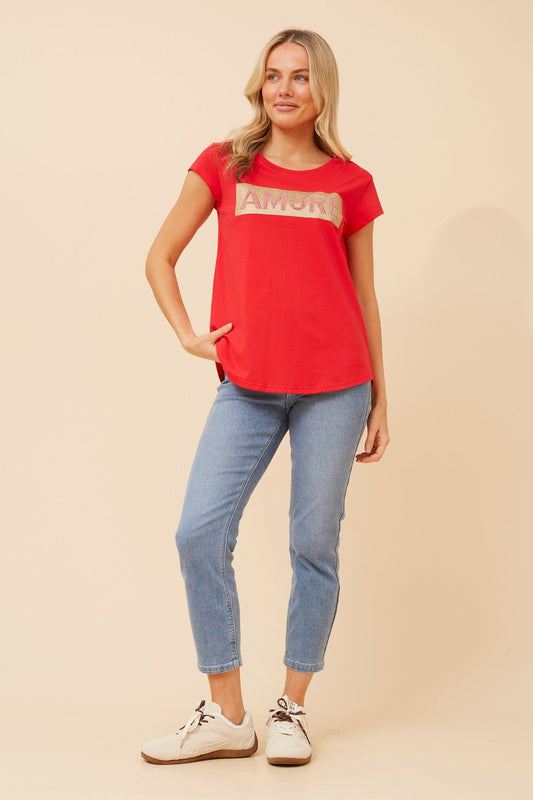 Image of T-Shirts. Product name - COCO EMBELLISHED T-SHIRT in Red colour by brand - Caroline Morgan Australia