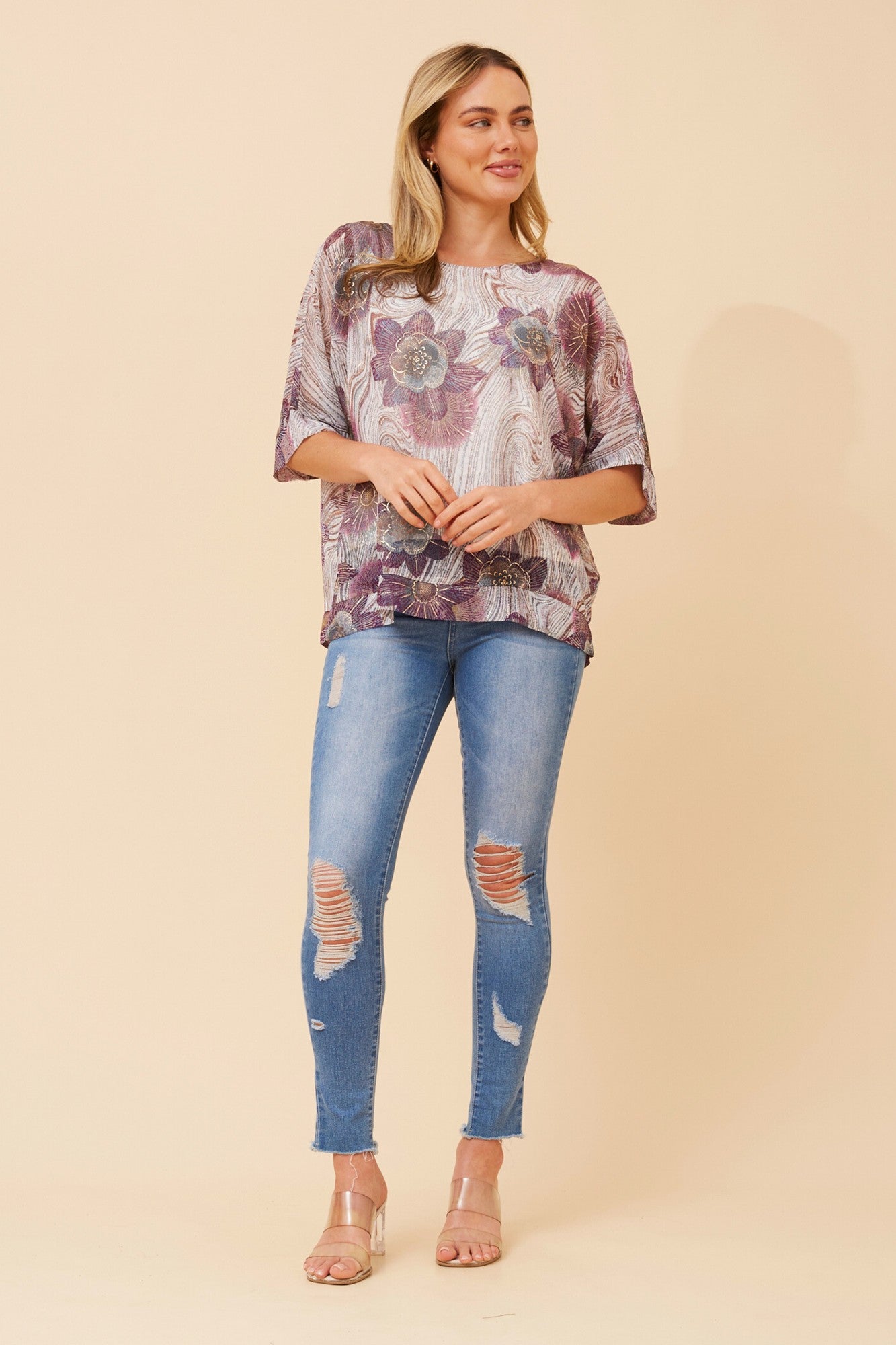 JACOBA FLORAL PRINT TOP (Multi Teal)