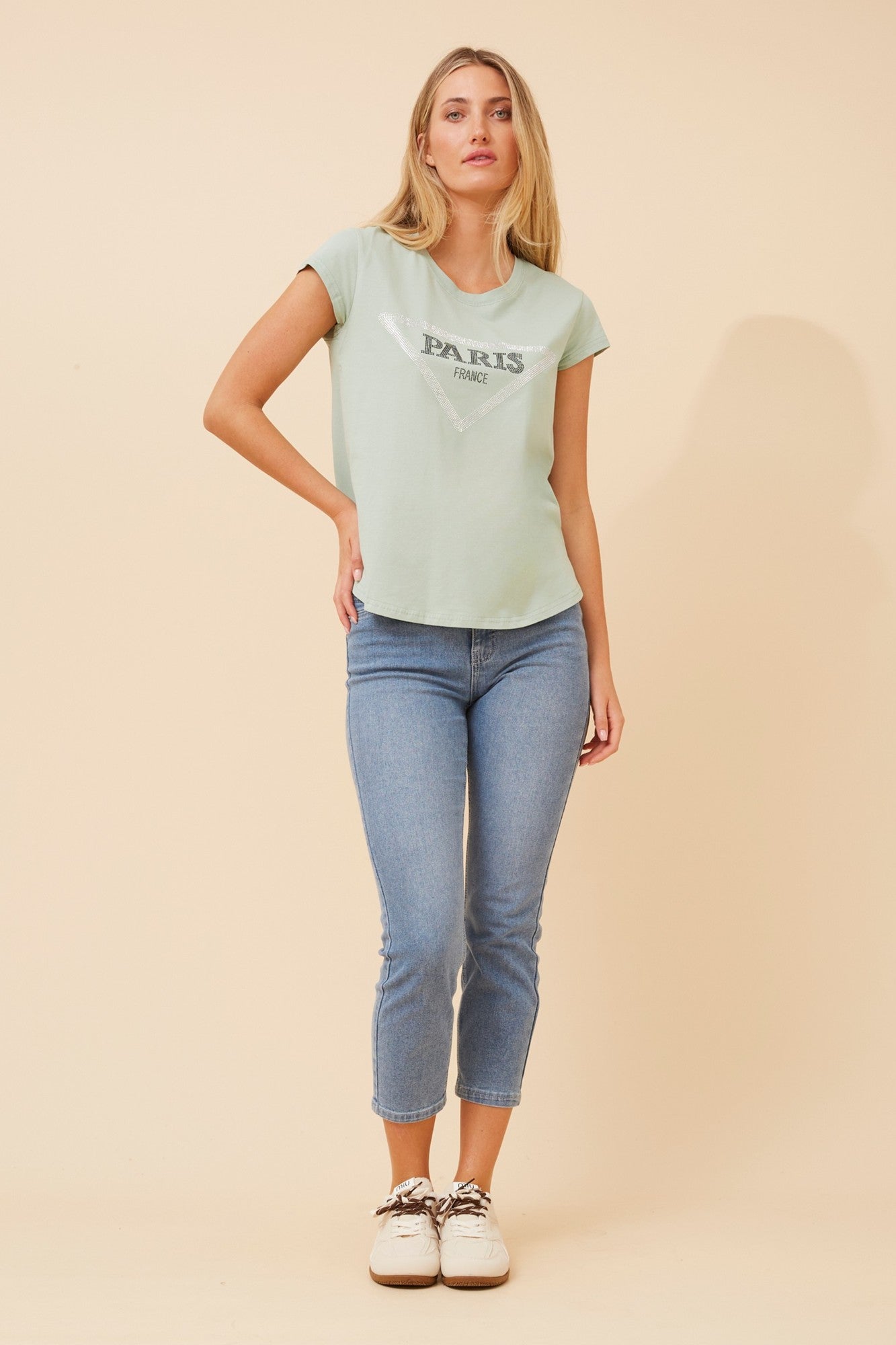 Image of T-Shirts. Product name - COCO EMBELLISHED T-SHIRT in Mint colour by brand - Caroline Morgan Australia