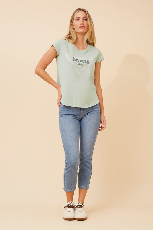 Image of T-Shirts. Product name - COCO EMBELLISHED T-SHIRT in Mint colour by brand - Caroline Morgan Australia