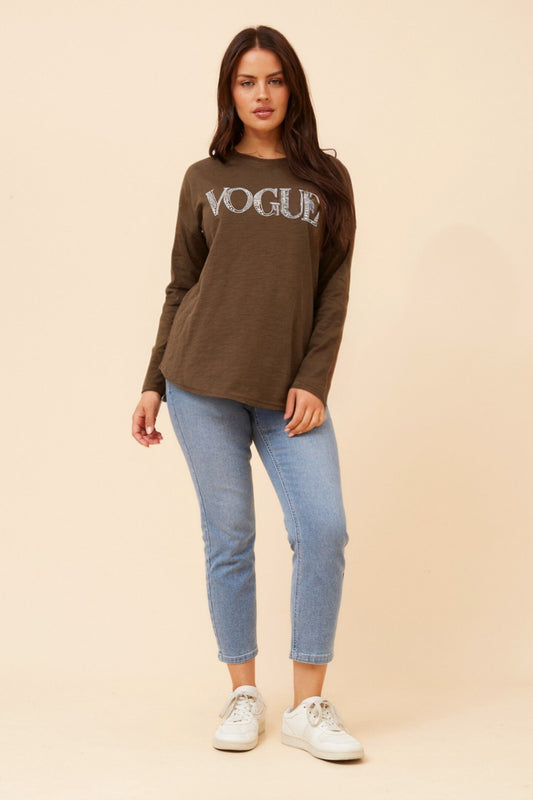 Image of a model wearing Tops. Product name - EVA VOGUE TOP in Chocolate colour by brand - Caroline Morgan Australia