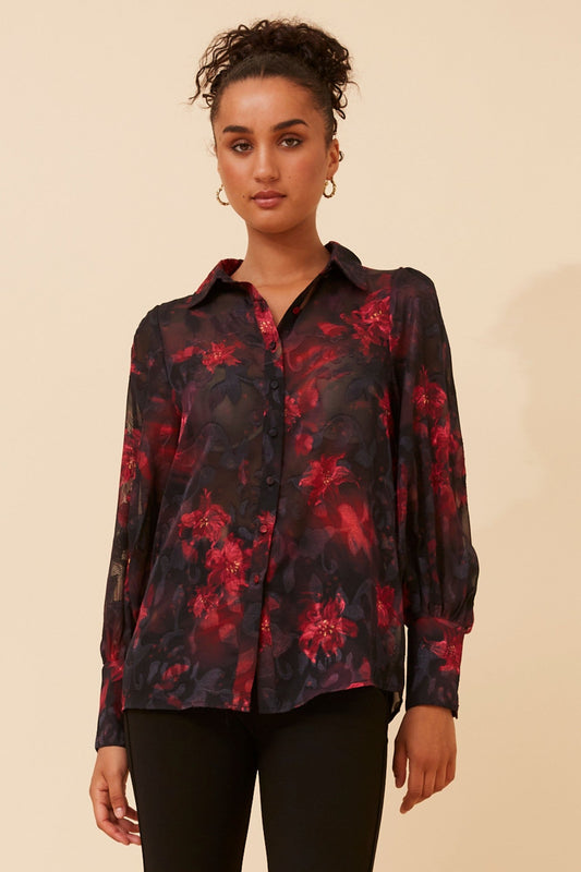 Image of Shirts. Product name - BELLE FLORAL PRINT SHIRT in Rich Red colour by brand - Caroline Morgan Australia