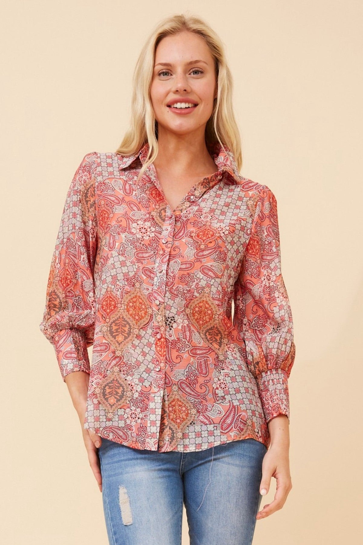 Image of Shirts. Product name - ISHLA ABSTRACT PRINT SHIRT in Multi Pink colour by brand - Caroline Morgan Australia