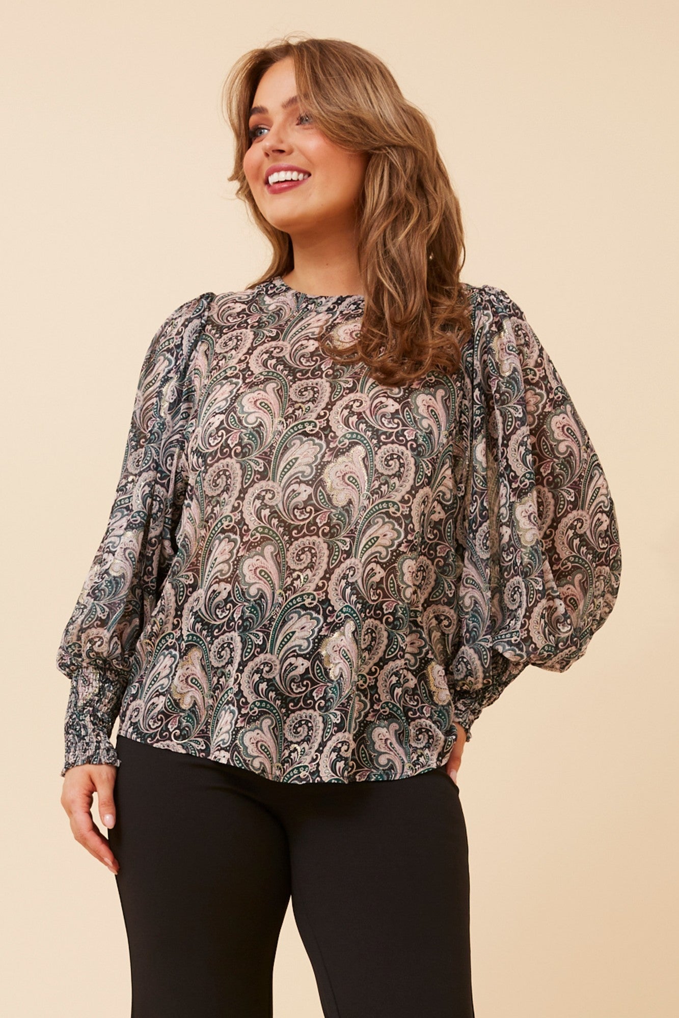 Image of Blouses. Product name - CLASSIC PAISLEY PRINT BLOUSE in Emerald colour by brand - Caroline Morgan Australia