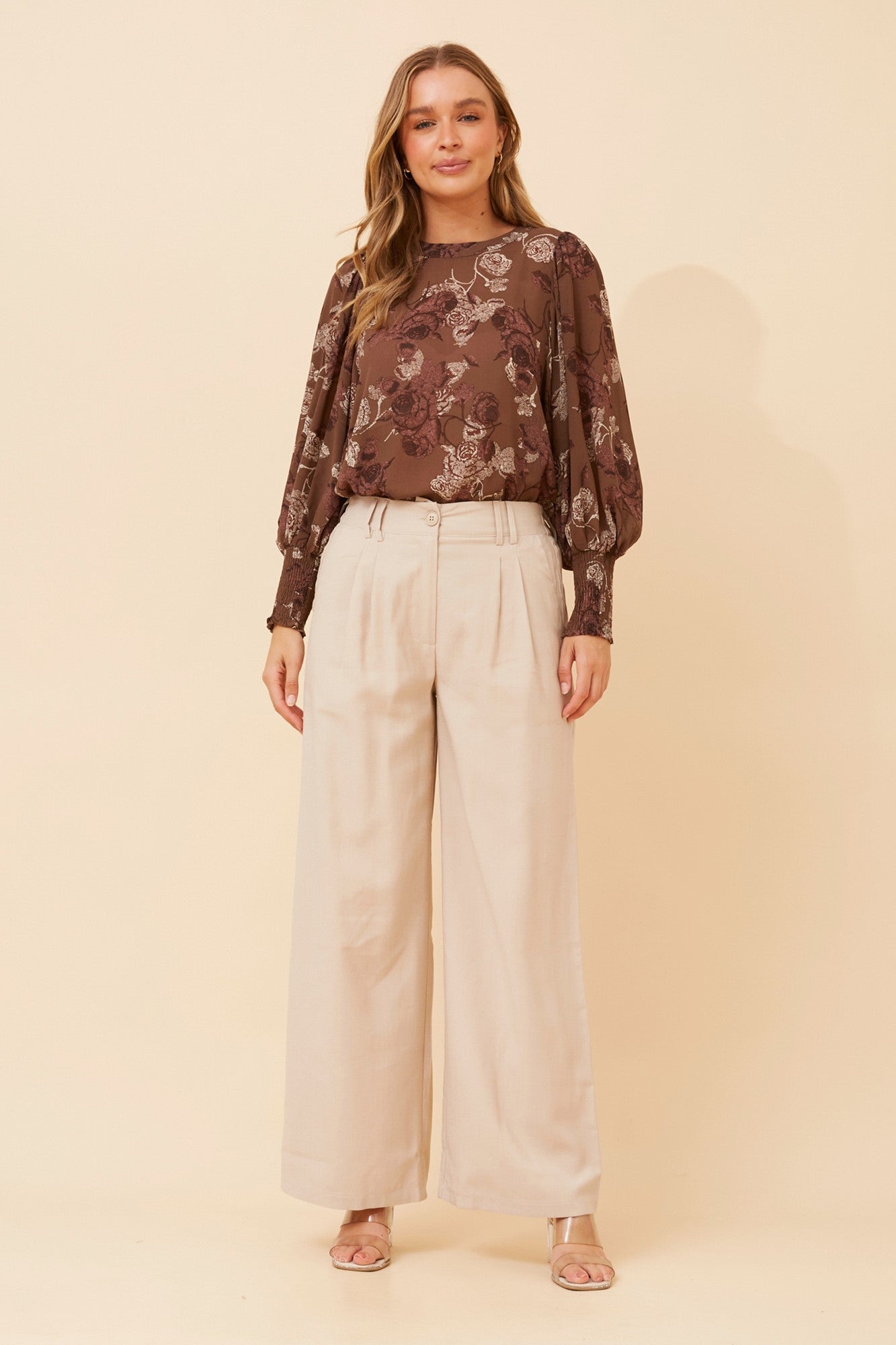 Image of Blouses. Product name - CLASSIC FLORAL BLOUSE in Chocolate colour by brand - Caroline Morgan Australia