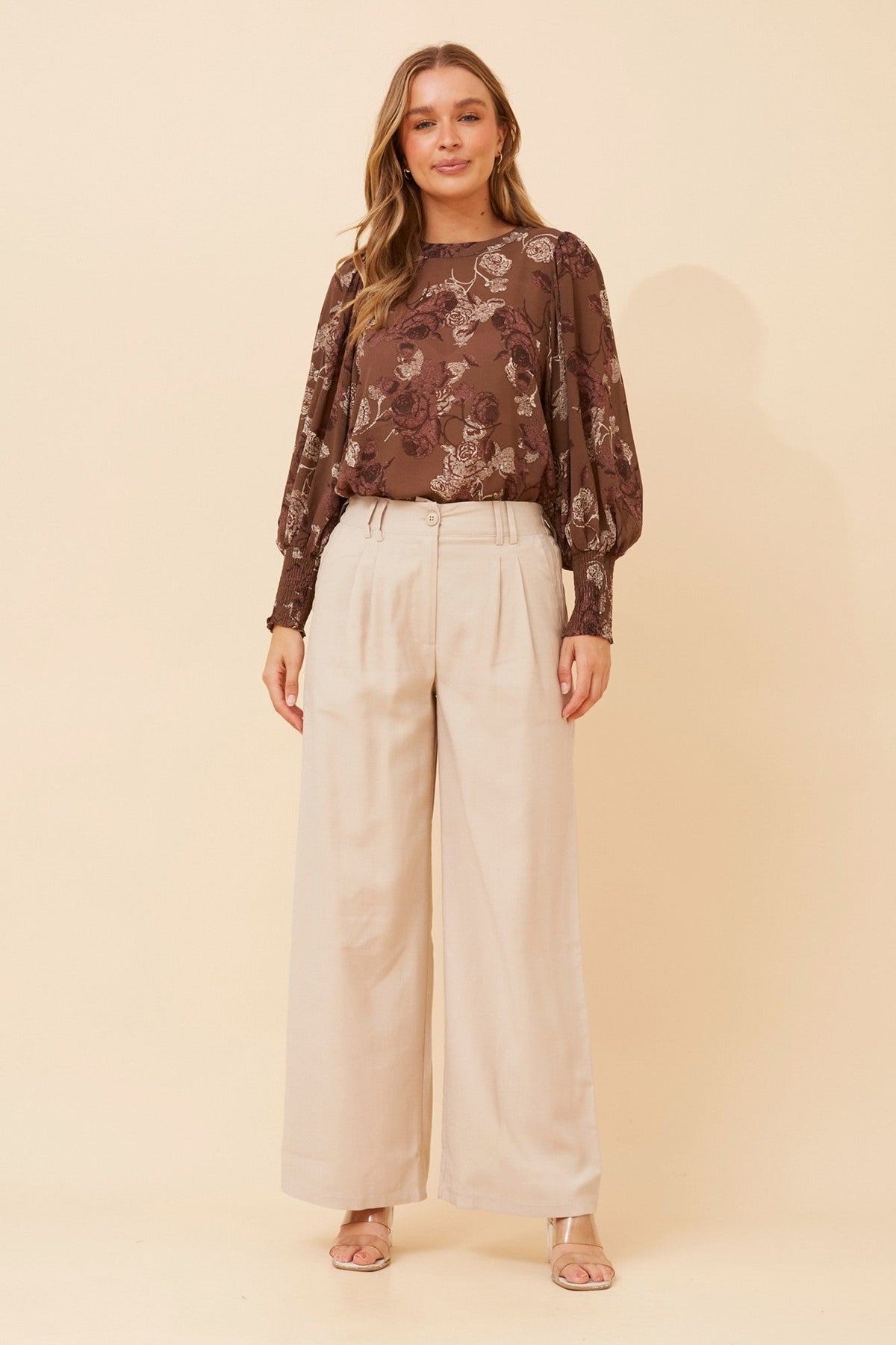 Image of Blouses. Product name - CLASSIC FLORAL BLOUSE in Chocolate colour by brand - Caroline Morgan Australia
