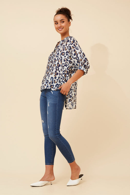 Image of Shirts. Product name - BELINA ANIMAL PRINT SHIRT in Multi Blue colour by brand - Caroline Morgan Australia
