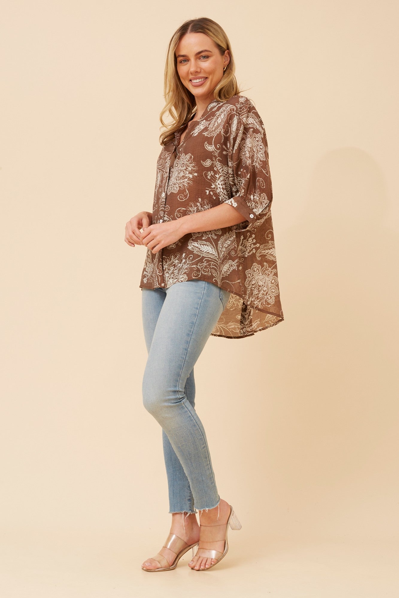 Image of Shirts. Product name - BELINA FLORAL SHIRT in Walnut colour by brand - Caroline Morgan Australia