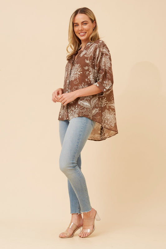 Image of Shirts. Product name - BELINA FLORAL SHIRT in Walnut colour by brand - Caroline Morgan Australia