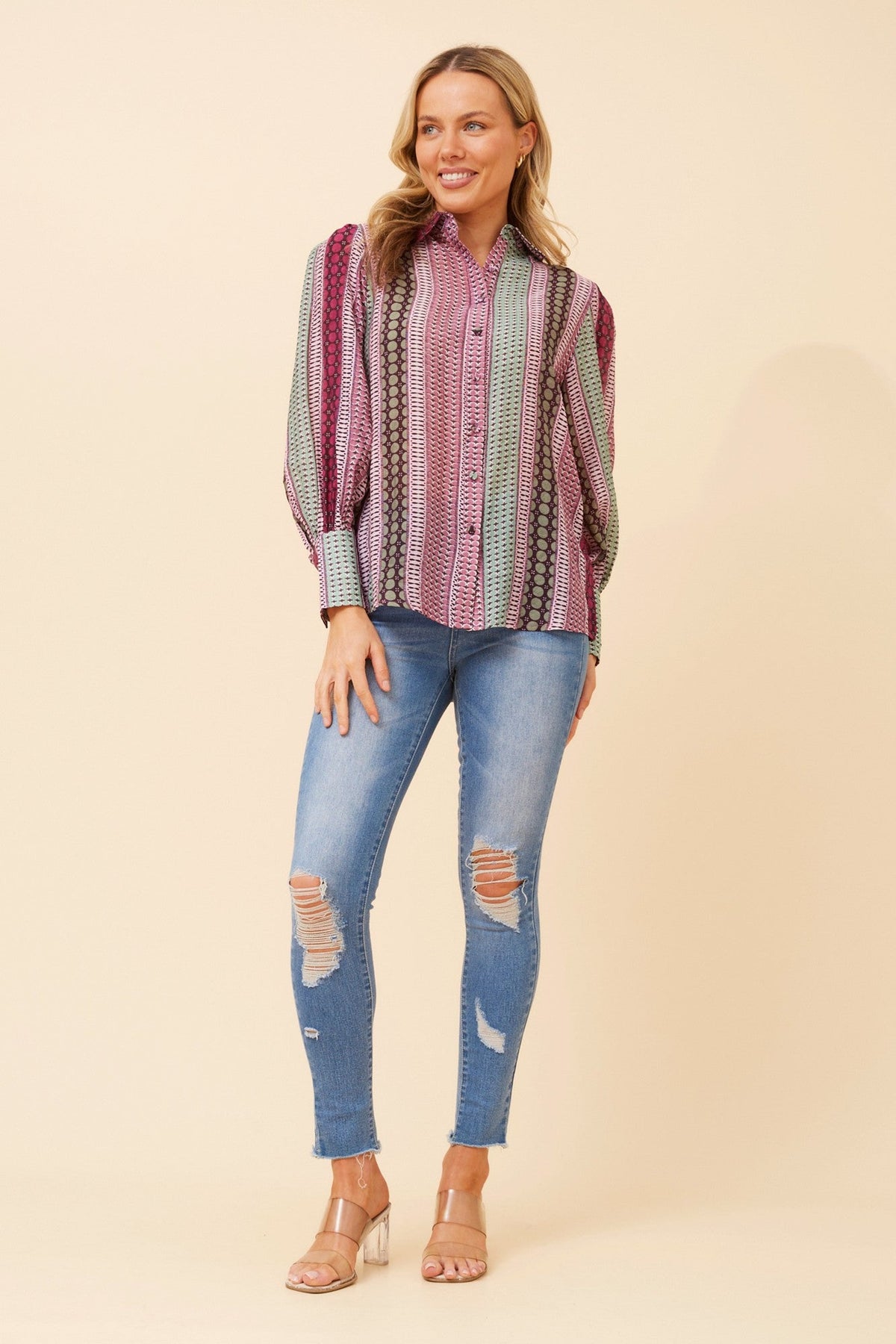 Image of Shirts. Product name - BELLE ABSTRACT PRINT SHIRT in Multi Beige colour by brand - Caroline Morgan Australia