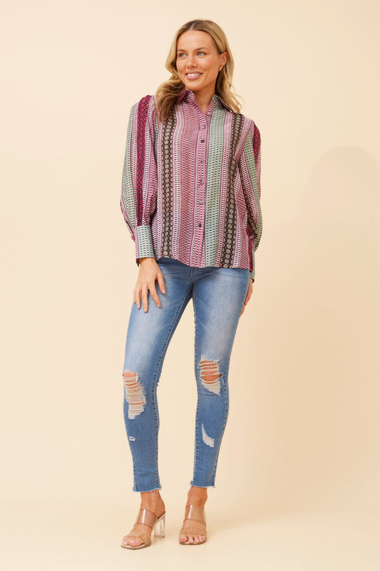 Image of Shirts. Product name - BELLE ABSTRACT PRINT SHIRT in Multi Beige colour by brand - Caroline Morgan Australia