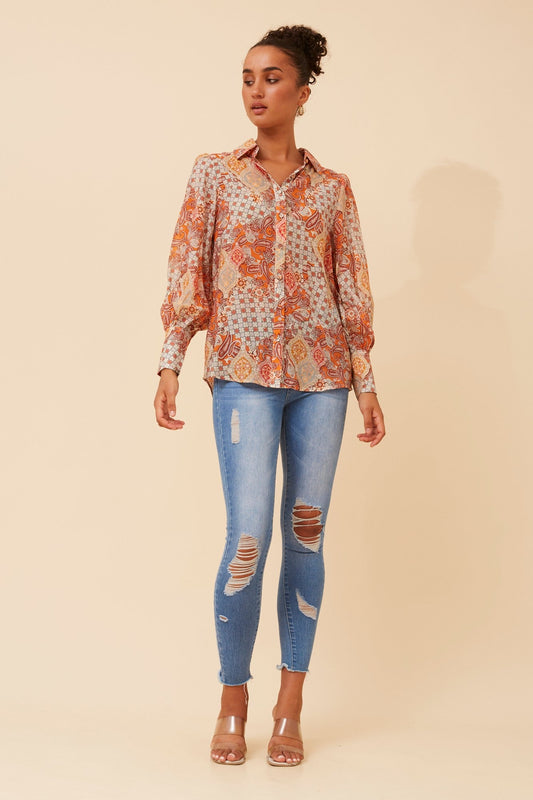 Image of Shirts. Product name - BELLE PATCHWORK PRINT SHIRT in Multi Orange colour by brand - Caroline Morgan Australia