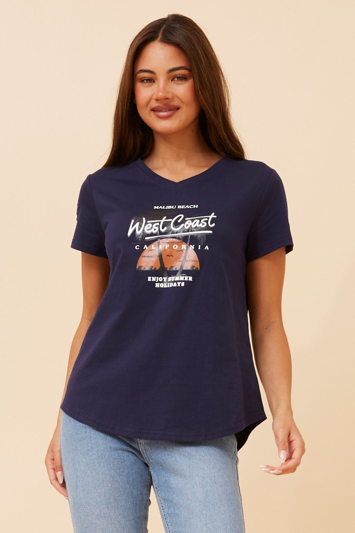Image of T-Shirts. Product name - JINDELLE GRAPHIC T-SHIRT in Navy colour by brand - Caroline Morgan Australia