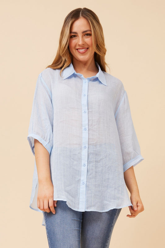 Image of Shirts. Product name - RAVENA CURVE HEM SHIRT in Blue colour by brand - Caroline Morgan Australia