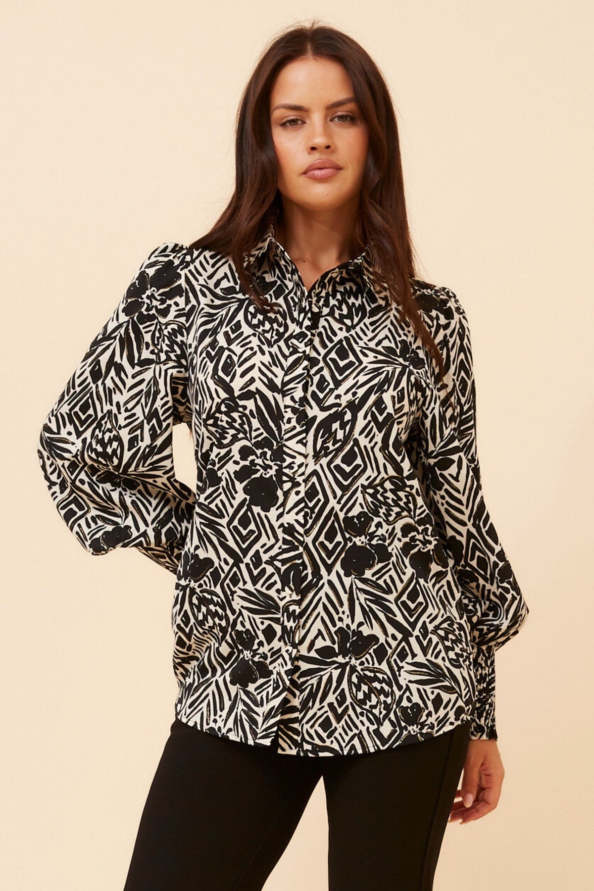 Image of Shirts. Product name - VELLE FLORAL PRINT SHIRT in Black/Cream colour by brand - Caroline Morgan Australia