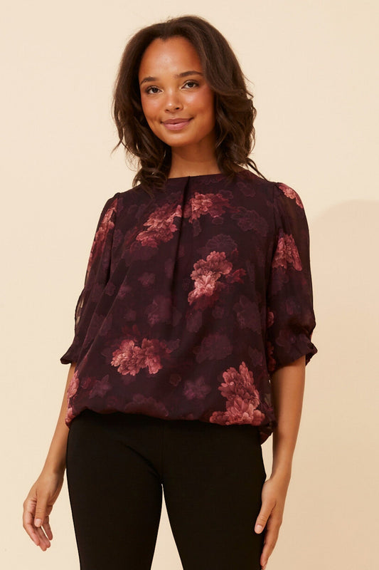 Image of Blouses. Product name - JAMARI FLORAL BLOUSE in Burgundy colour by brand - Caroline Morgan Australia