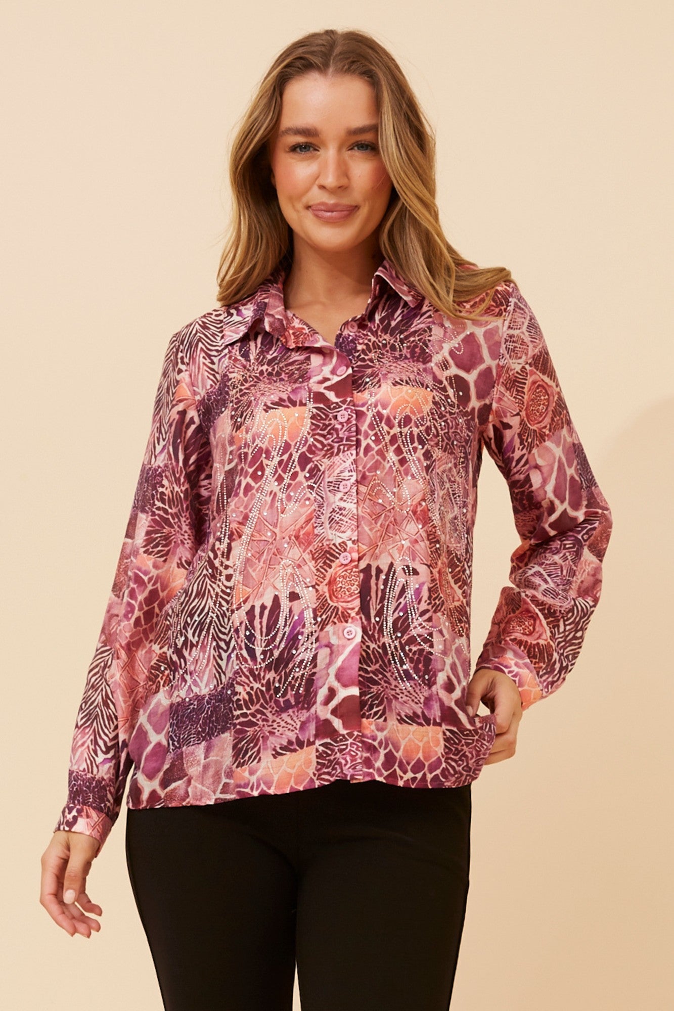 Image of Shirts. Product name - ORENDA LINEN BLEND SHIRT in Berry colour by brand - Caroline Morgan Australia