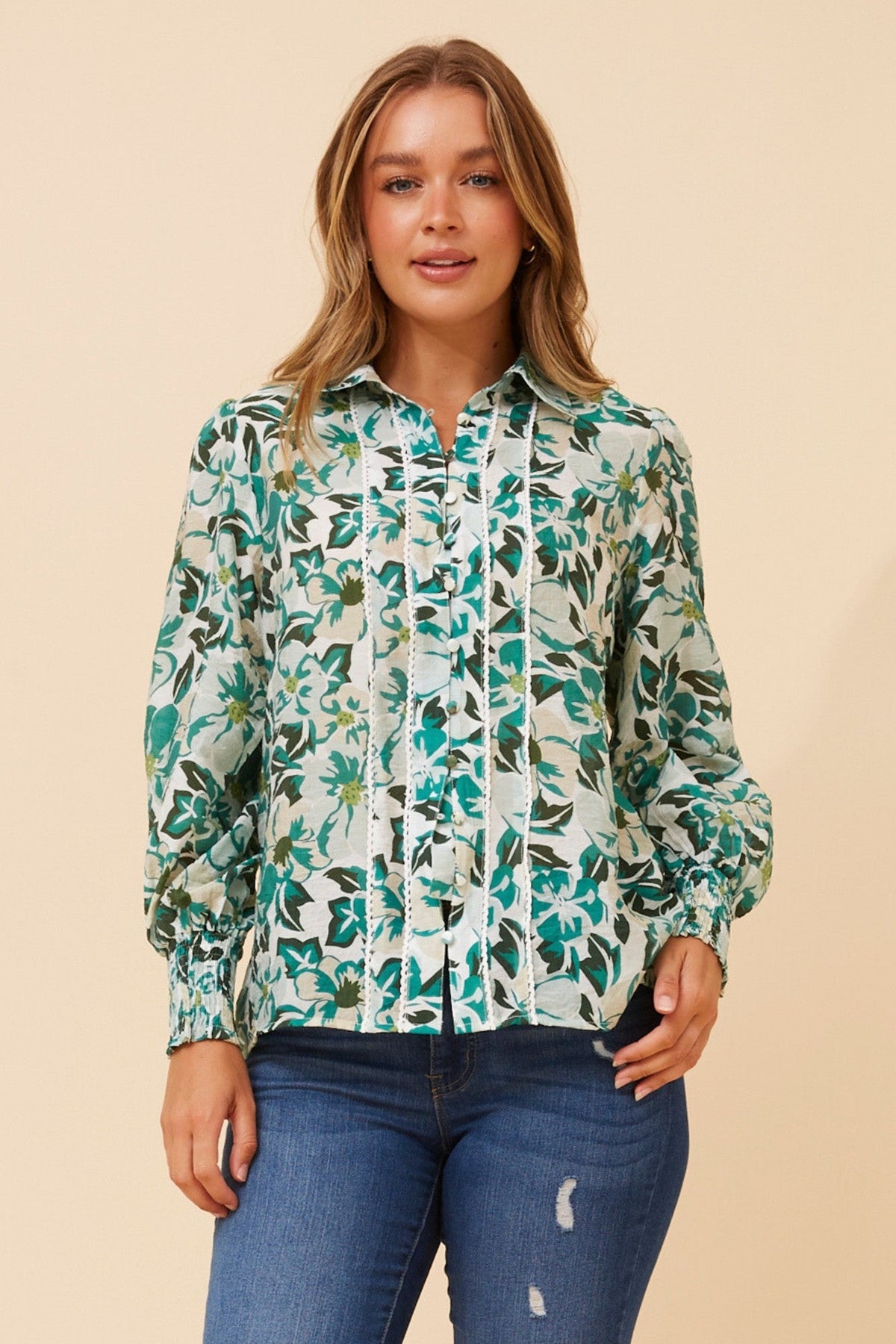 Image of Blouses. Product name - ELKE FLORAL PRINT BLOUSE in Multi Green colour by brand - Caroline Morgan Australia