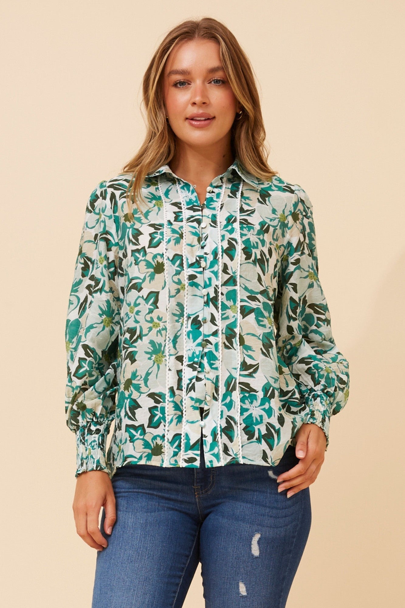 Image of Blouses. Product name - ELKE FLORAL PRINT BLOUSE in Multi Green colour by brand - Caroline Morgan Australia