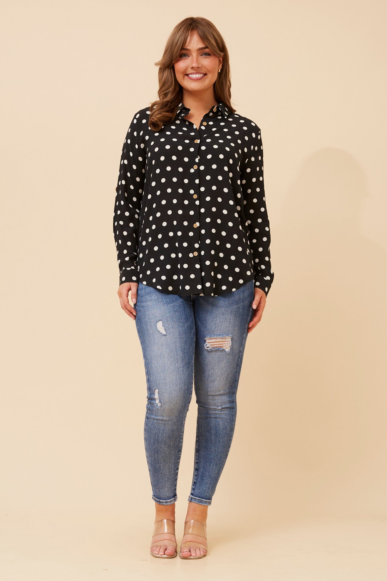 Image of Shirts. Product name - KLAUS POLKA DOT PRINT SHIRT in Black colour by brand - Caroline Morgan Australia