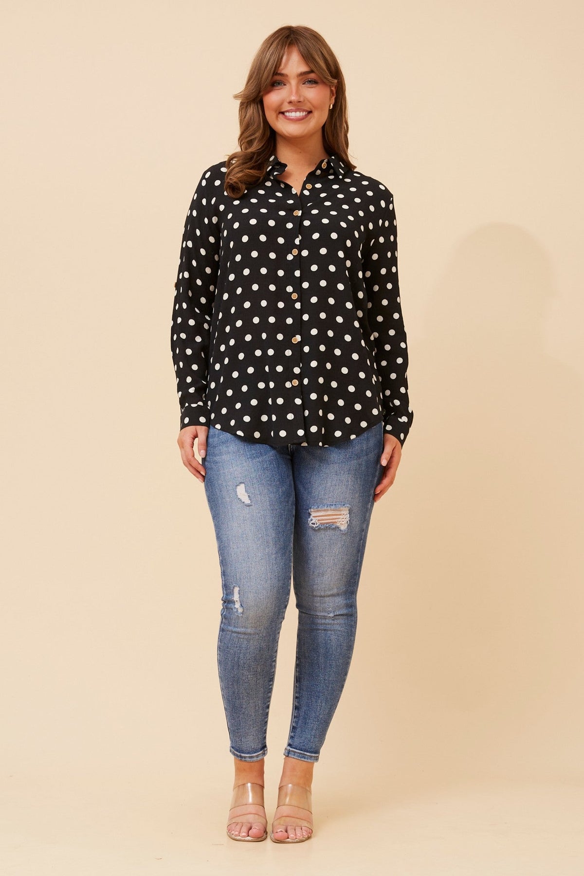 Image of Shirts. Product name - KLAUS POLKA DOT PRINT SHIRT in Black colour by brand - Caroline Morgan Australia