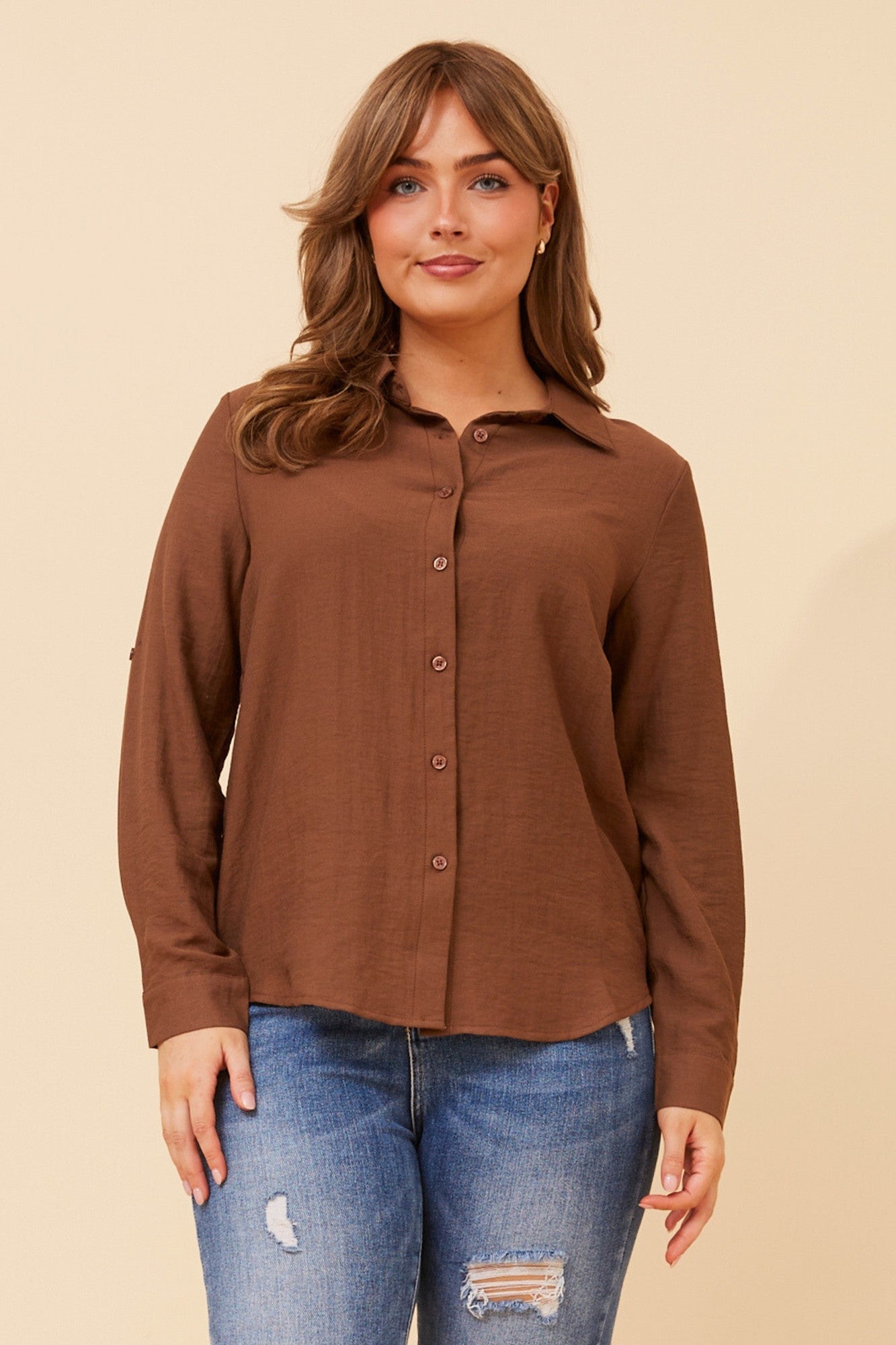 Image of Shirts. Product name - JARRAH SOLID SHIRT in Chocolate colour by brand - Caroline Morgan Australia