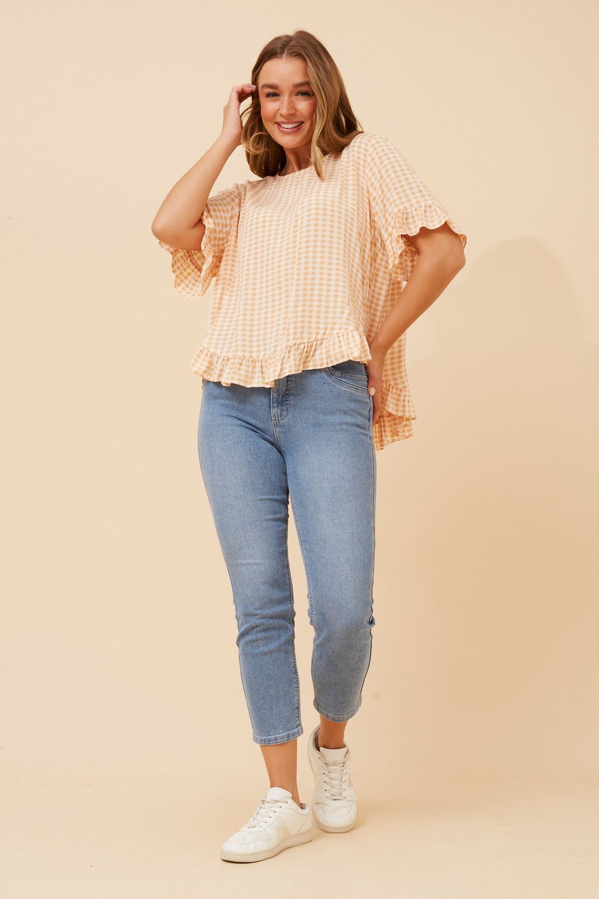 FRILA GINGHAM PRINT FRILL TOP (Marigold)