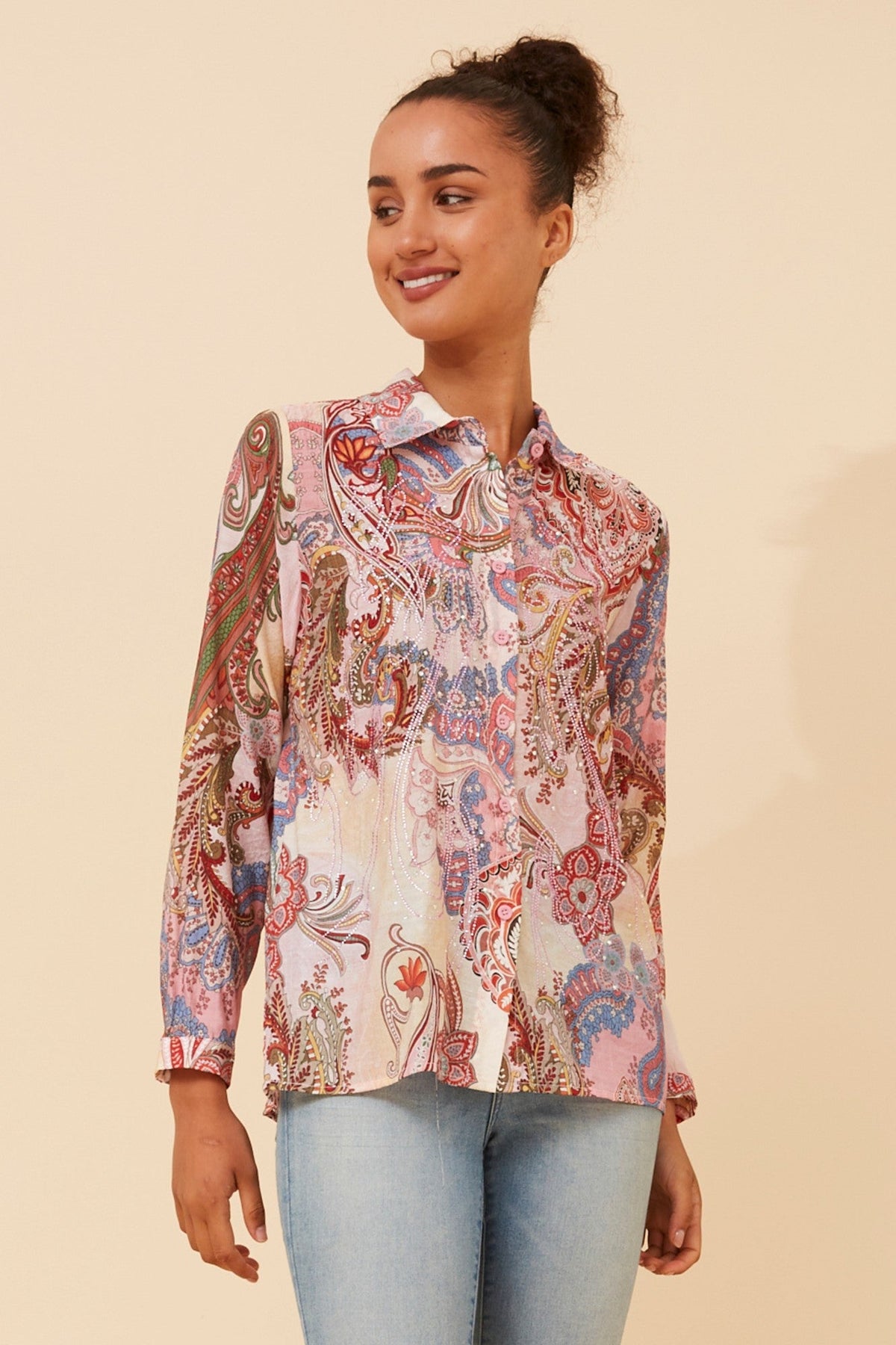 Image of Shirts. Product name - ORENDA ABSTRACT PRINT SHIRT in Multi Pink colour by brand - Caroline Morgan Australia