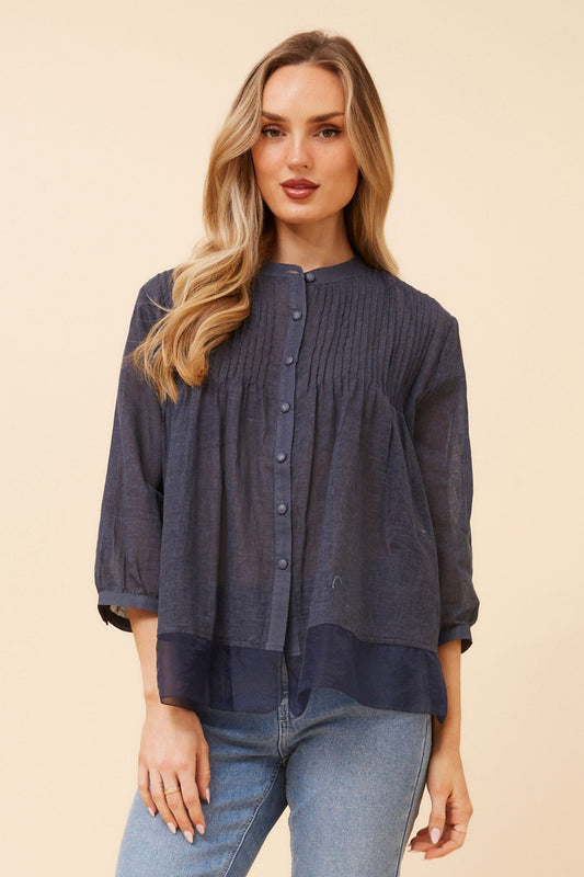 Image of Blouses. Product name - ROMEA LINEN BLEND BLOUSE in Navy colour by brand - Caroline Morgan Australia