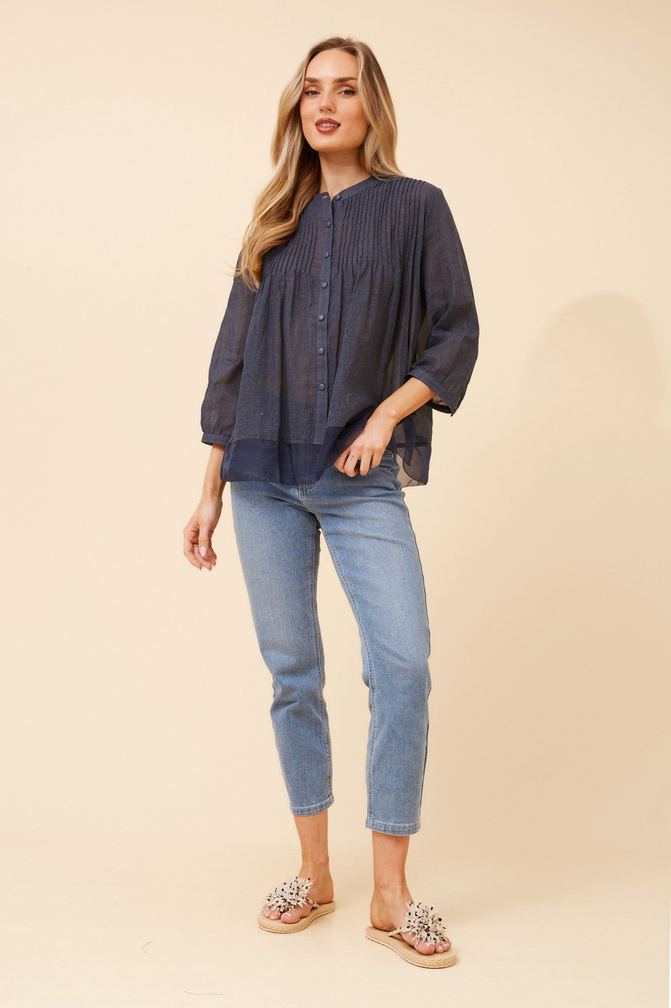 ROMEA LINEN BLEND BLOUSE (Navy)