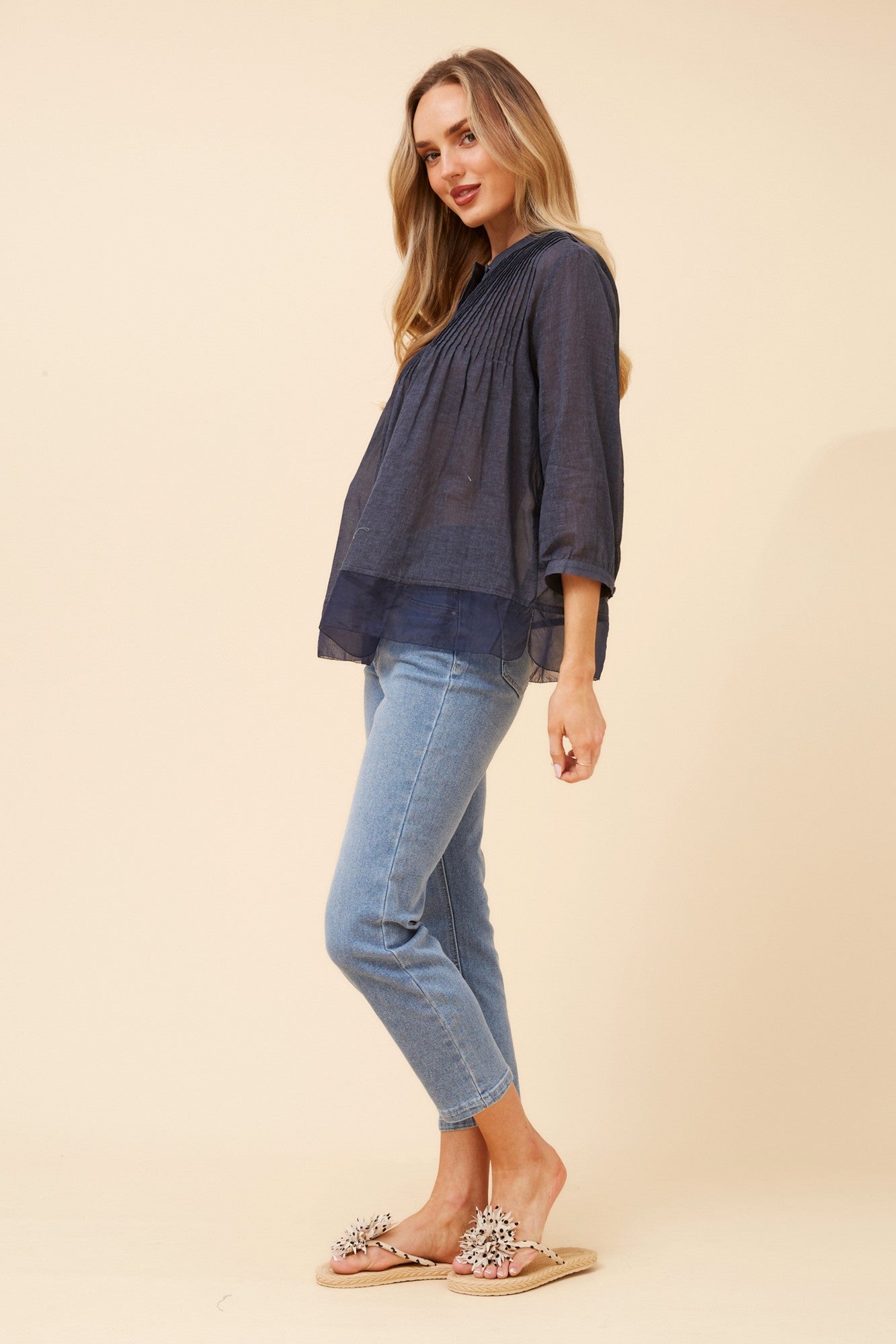 ROMEA LINEN BLEND BLOUSE (Navy)