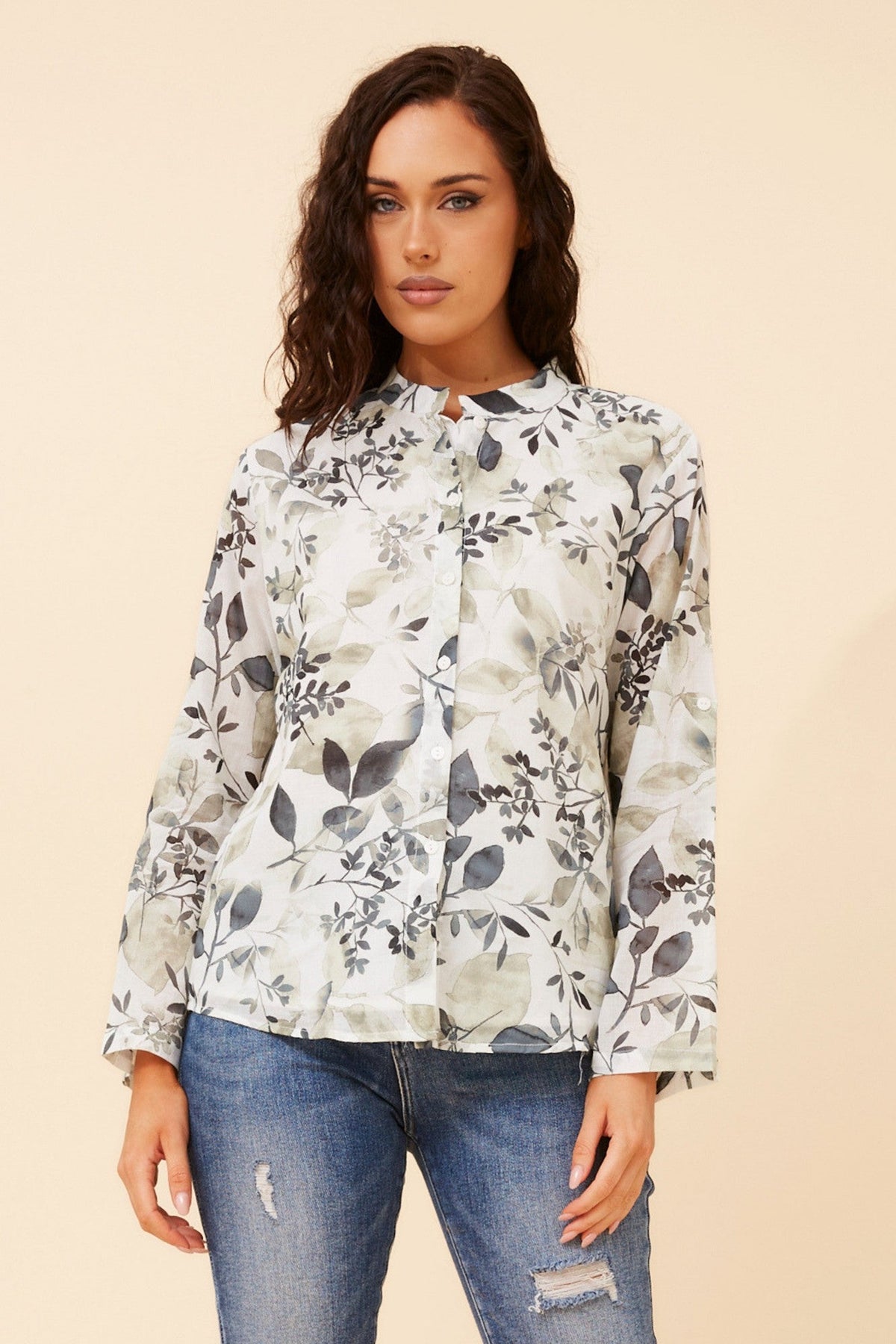 KRISTEL LEAF PRINT TOP (Multi Grey)
