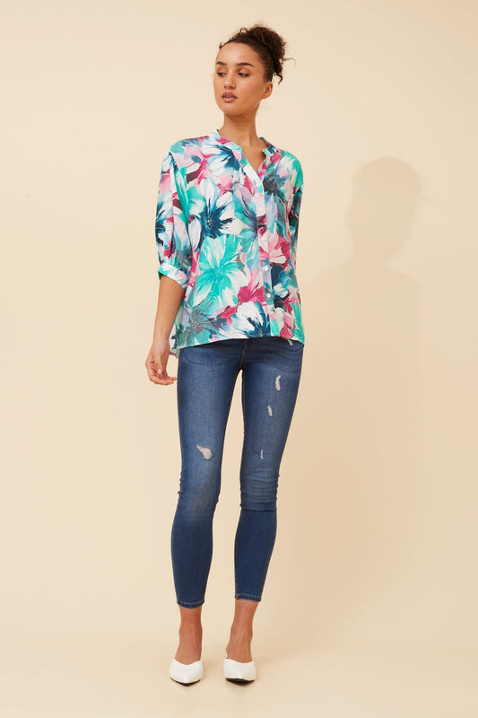 Image of Shirts. Product name - BELINA FLORAL SHIRT in Blue colour by brand - Caroline Morgan Australia
