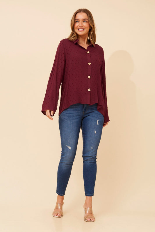 Image of Shirts. Product name - YONITA DOBBY PATTERN SHIRT in Burgundy colour by brand - Caroline Morgan Australia