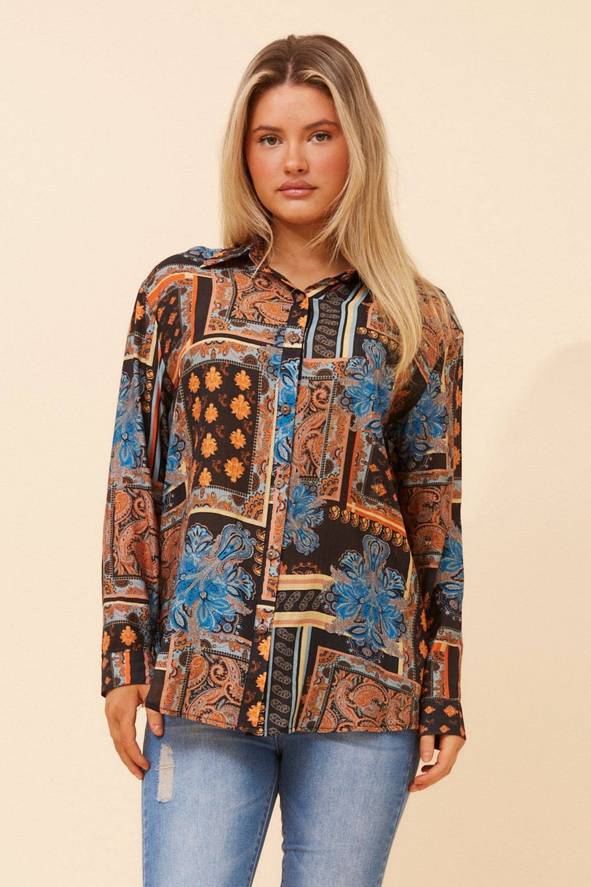 Image of Shirts. Product name - LIANI PATCHWORK PRINT SHIRT in Multi Black colour by brand - Caroline Morgan Australia
