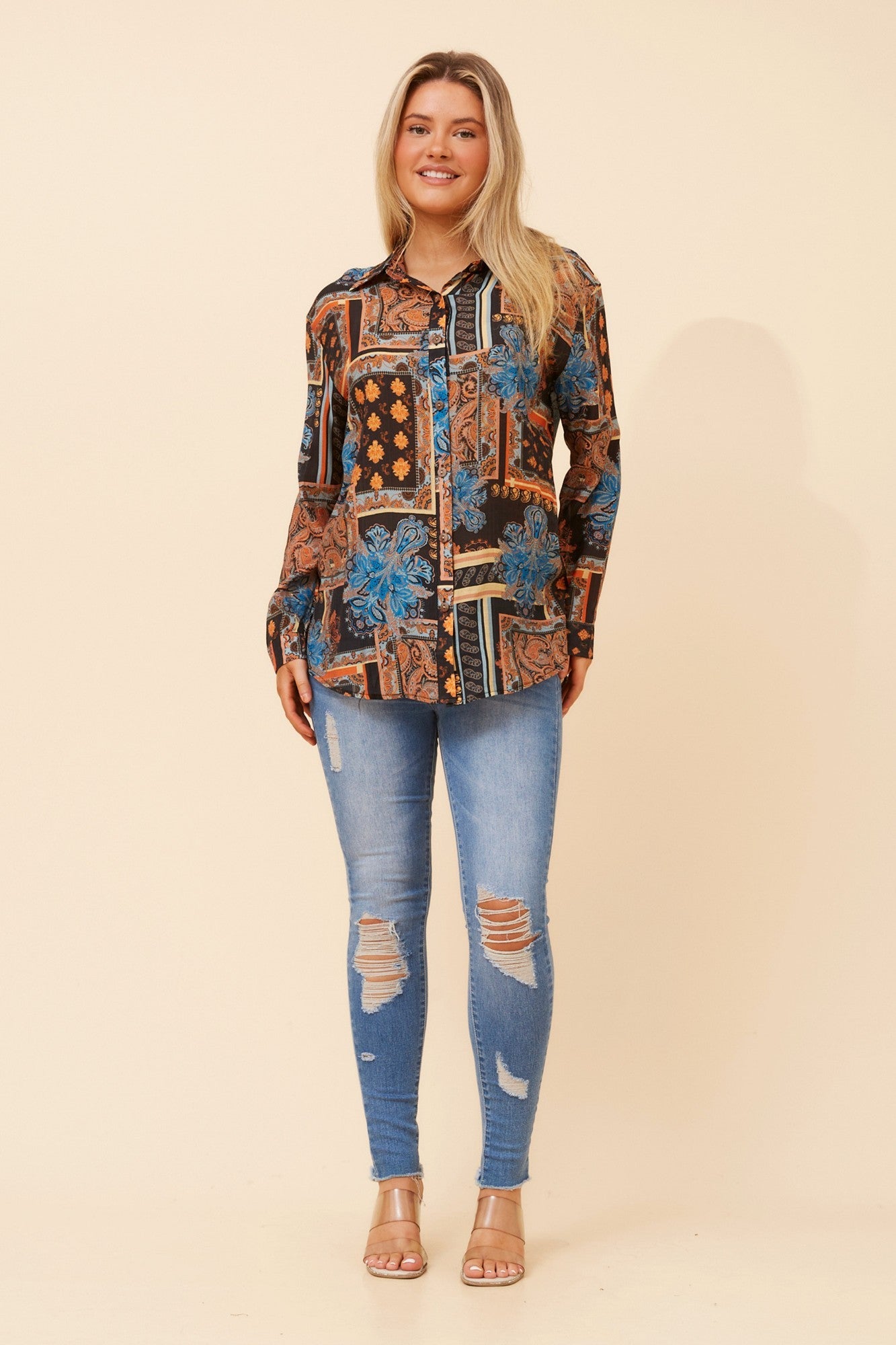 LIANI PATCHWORK PRINT SHIRT (Multi Black)