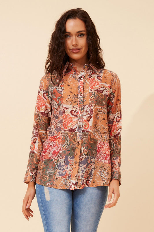 Image of Shirts. Product name - LIANI PATCHWORK PRINT SHIRT in Multi Orange colour by brand - Caroline Morgan Australia