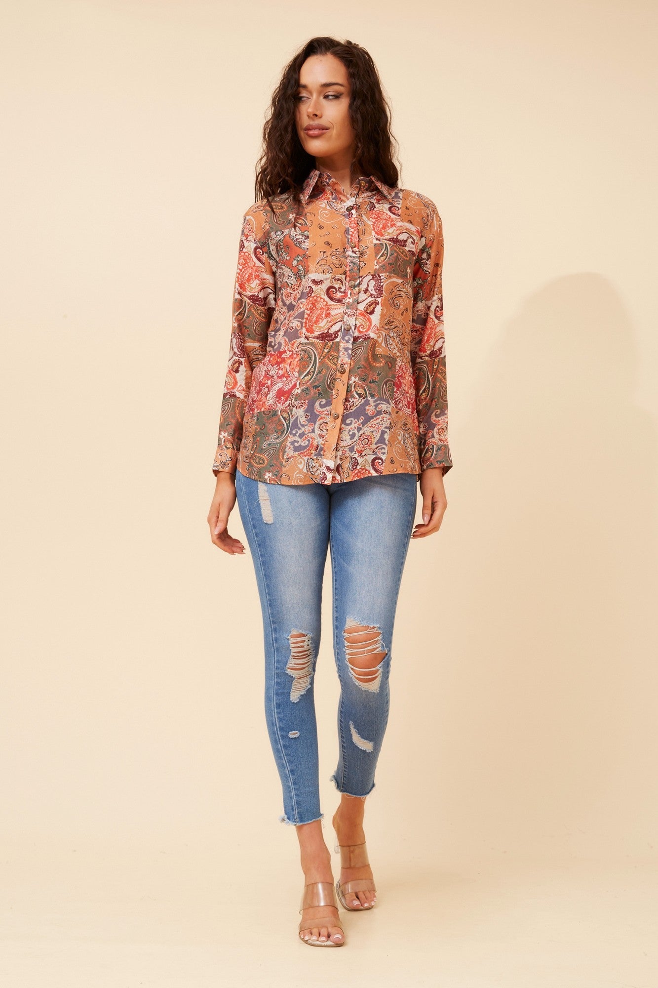 LIANI PATCHWORK PRINT SHIRT (Multi Orange)