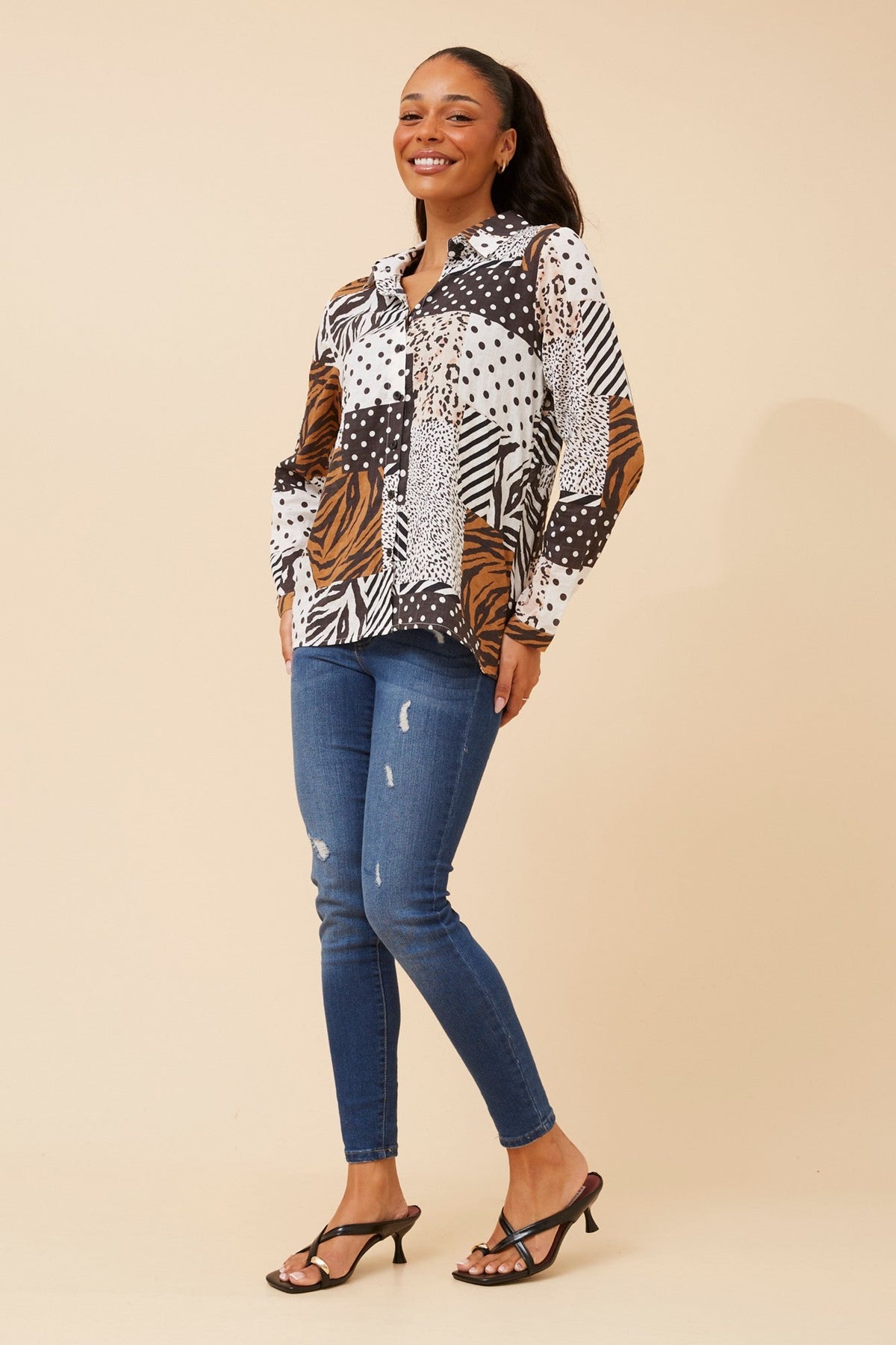 Image of Shirts. Product name - ORENDA PATCHWORK PRINT SHIRT in Multi Black colour by brand - Caroline Morgan Australia