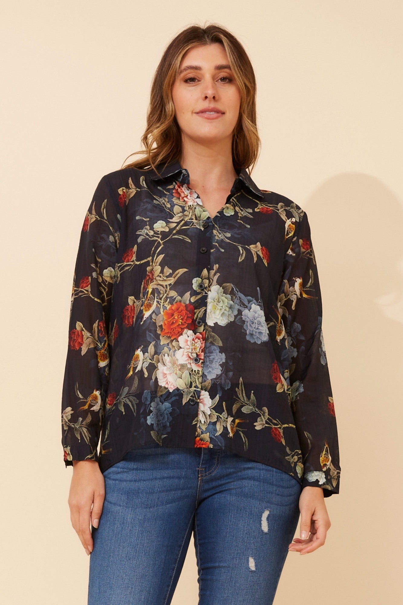 Image of Shirts. Product name - ORENDA FLORAL SHIRT in Multi Navy colour by brand - Caroline Morgan Australia
