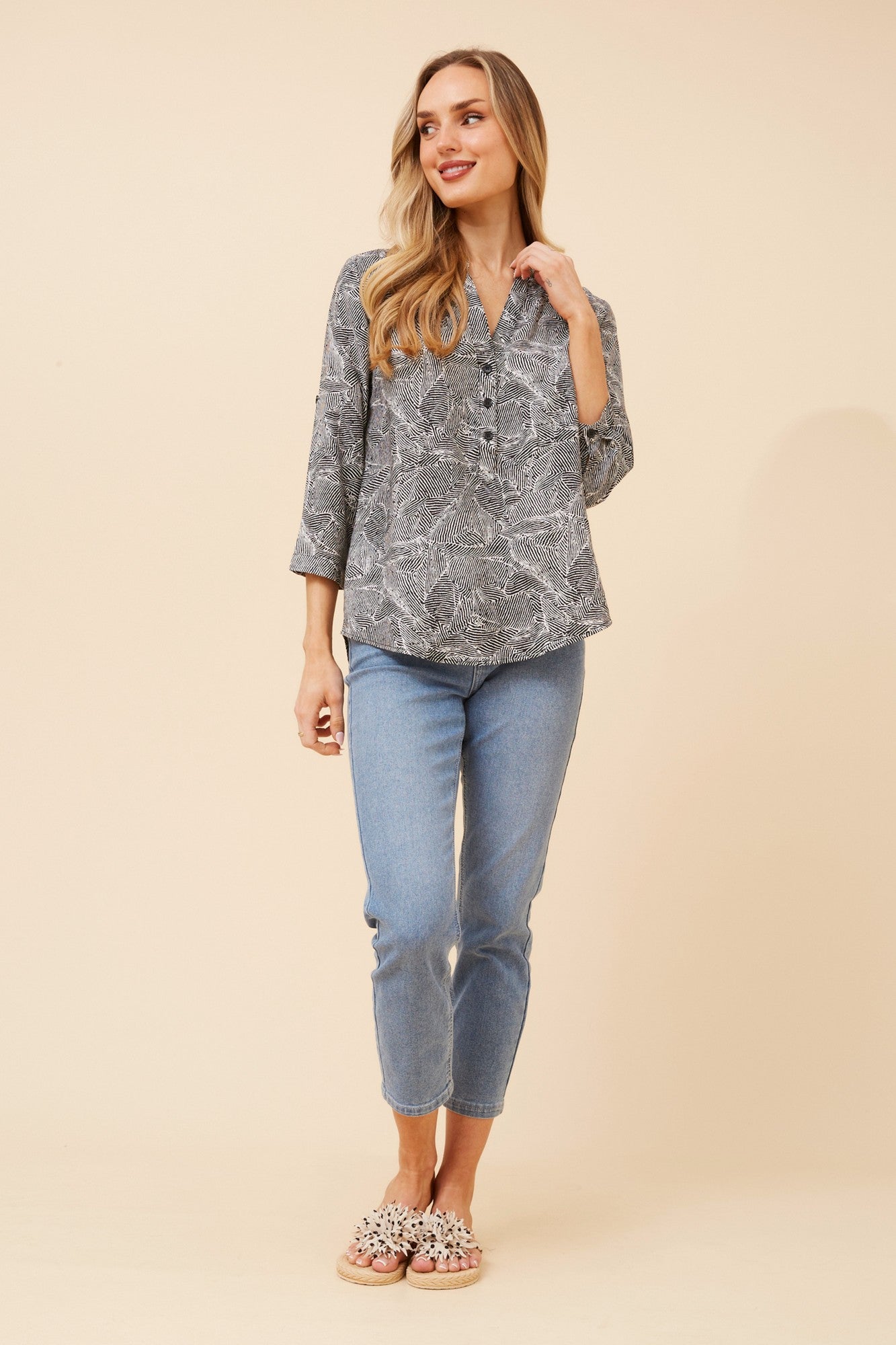 Image of Blouses. Product name - ROMINA ABSTRACT PRINT BLOUSE in Black colour by brand - Caroline Morgan Australia