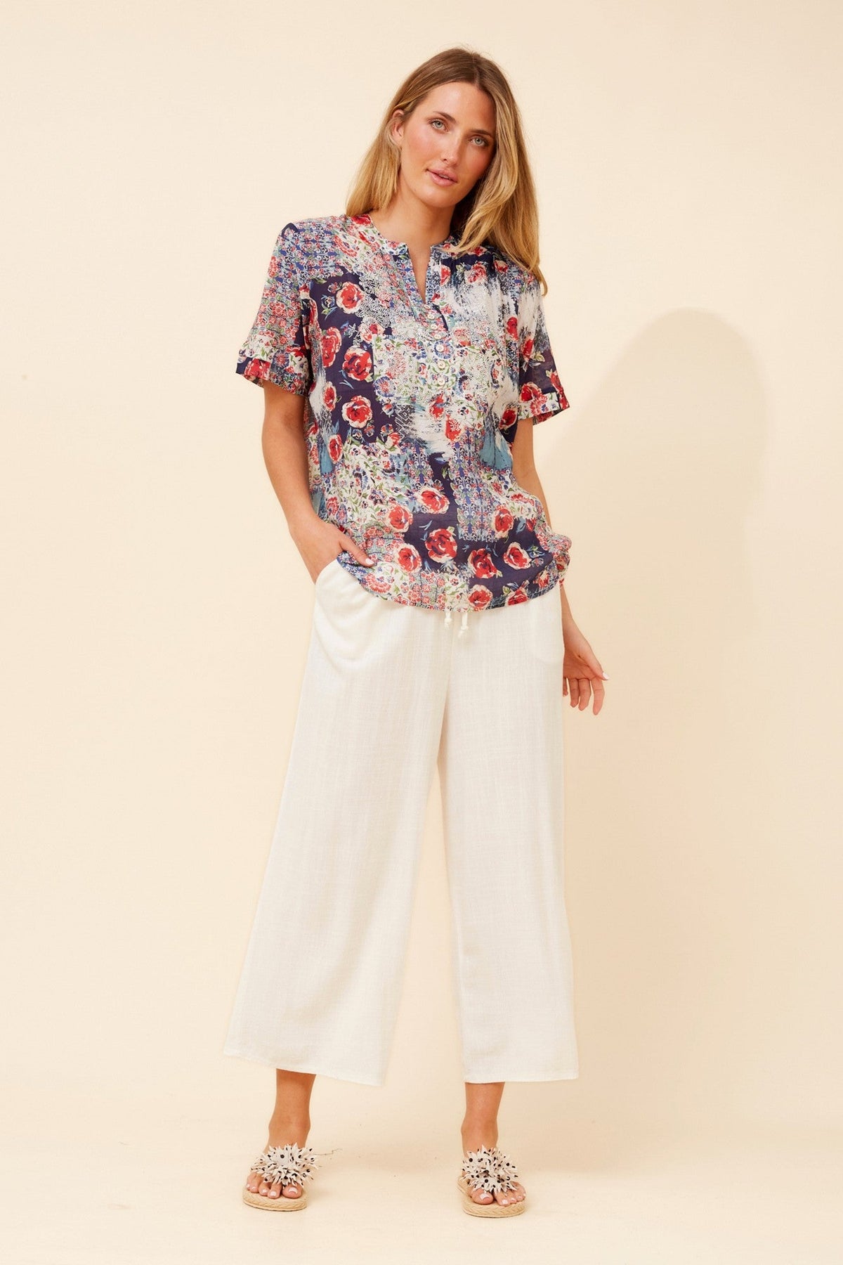 Image of Blouses. Product name - ARCHANA PATCHWORK PRINT BLOUSE in Navy colour by brand - Caroline Morgan Australia