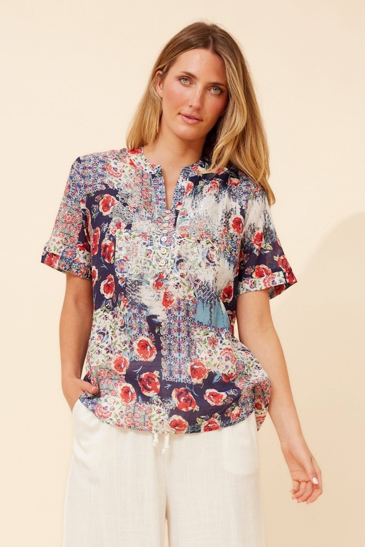 Caroline Morgan Australia ARCHANA PATCHWORK PRINT BLOUSE (Navy)