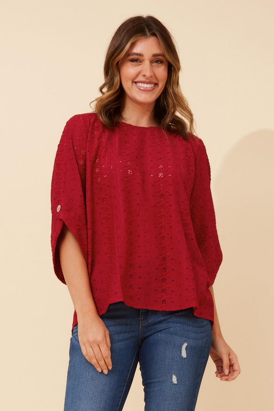 Image of a model wearing Tops. Product name - SAMANTHA EMBRIODERED TOP in Blue Jean colour by brand - Caroline Morgan Australia