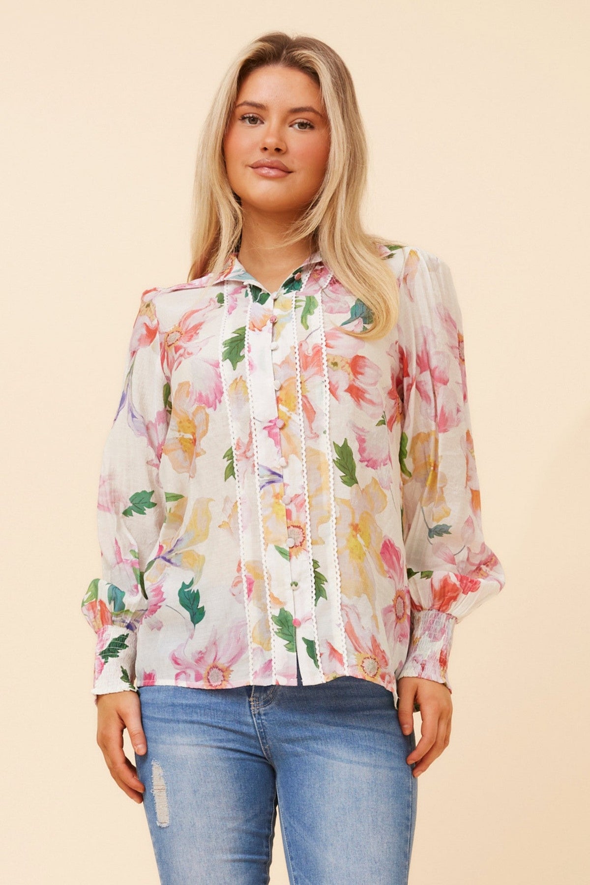 Image of Shirts. Product name - ELKE FLORAL SHIRT in Multi White colour by brand - Caroline Morgan Australia