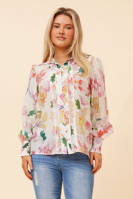 Image of Shirts. Product name - ELKE FLORAL SHIRT in Multi White colour by brand - Caroline Morgan Australia