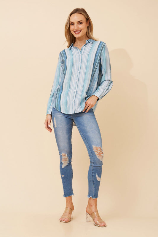 Image of Shirts. Product name - KLAUS STRIPE PRINT SHIRT in Blue colour by brand - Caroline Morgan Australia