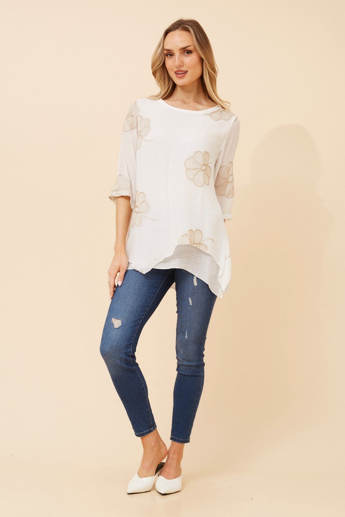 BENI FLORAL EMBROIDERED TOP (Navy)