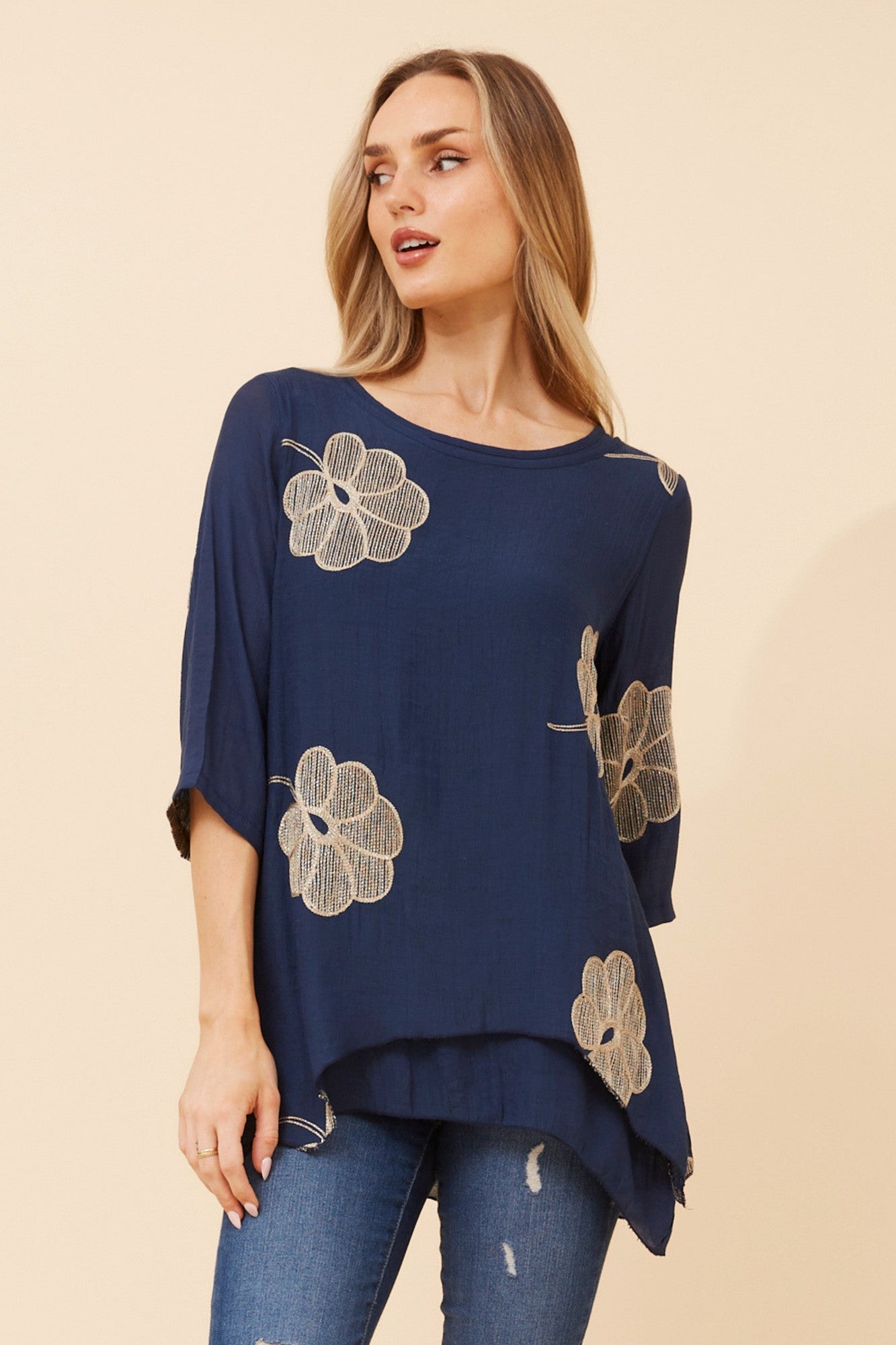BENI FLORAL EMBROIDERED TOP (Navy)